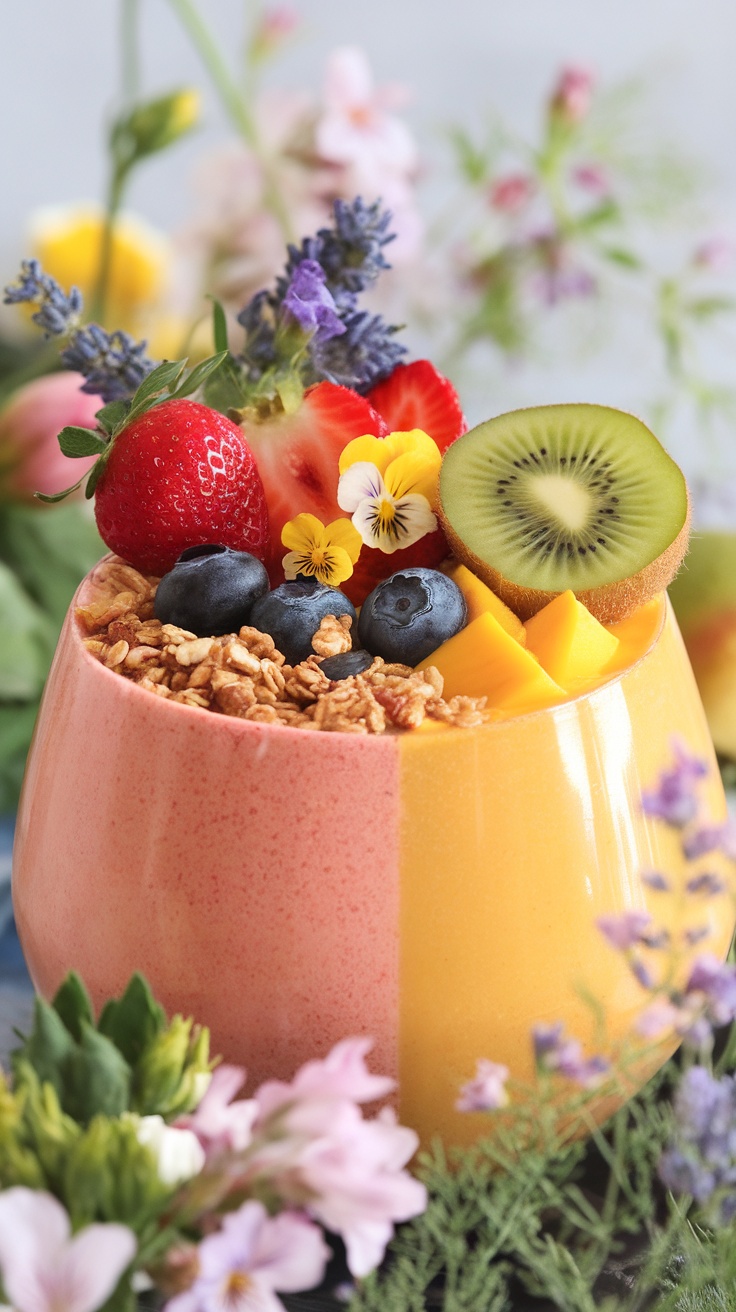 A vibrant Peach and Mango Sunrise Bowl topped with granola, fresh fruits, and edible flowers.