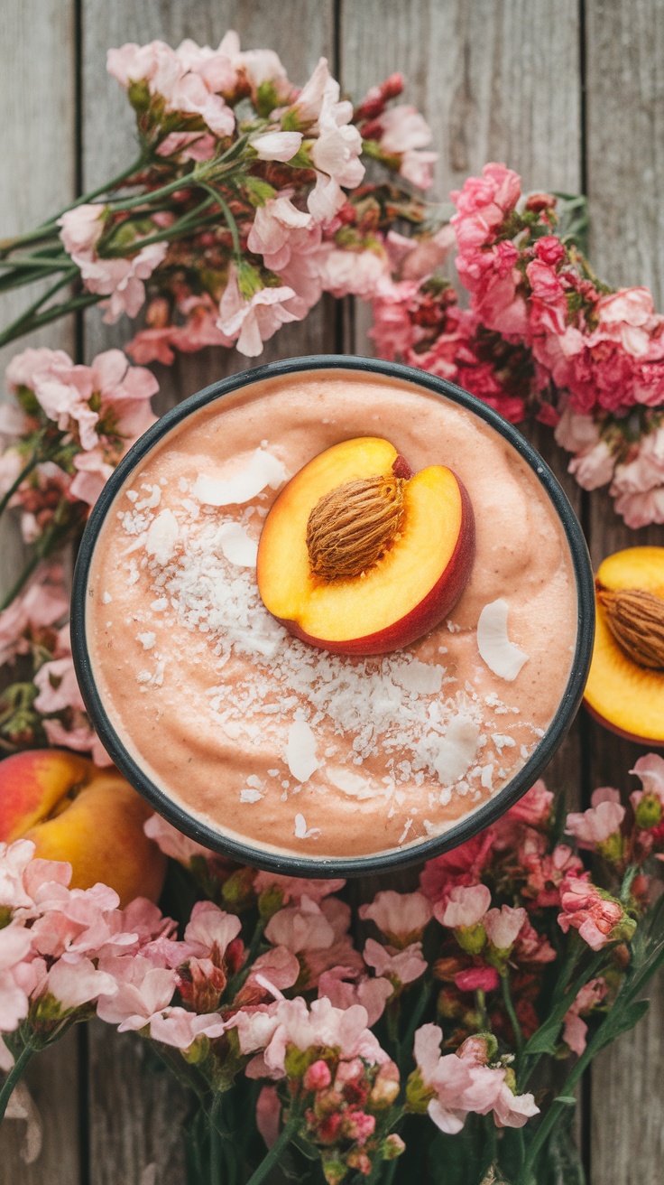 A peach coconut bliss smoothie bowl topped with peach slices and coconut flakes surrounded by flowers.