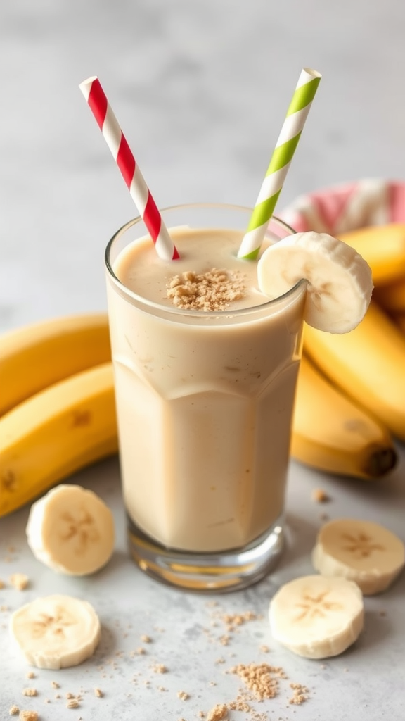 A creamy peanut butter and banana smoothie in a glass with two colorful straws, surrounded by fresh bananas and banana slices.