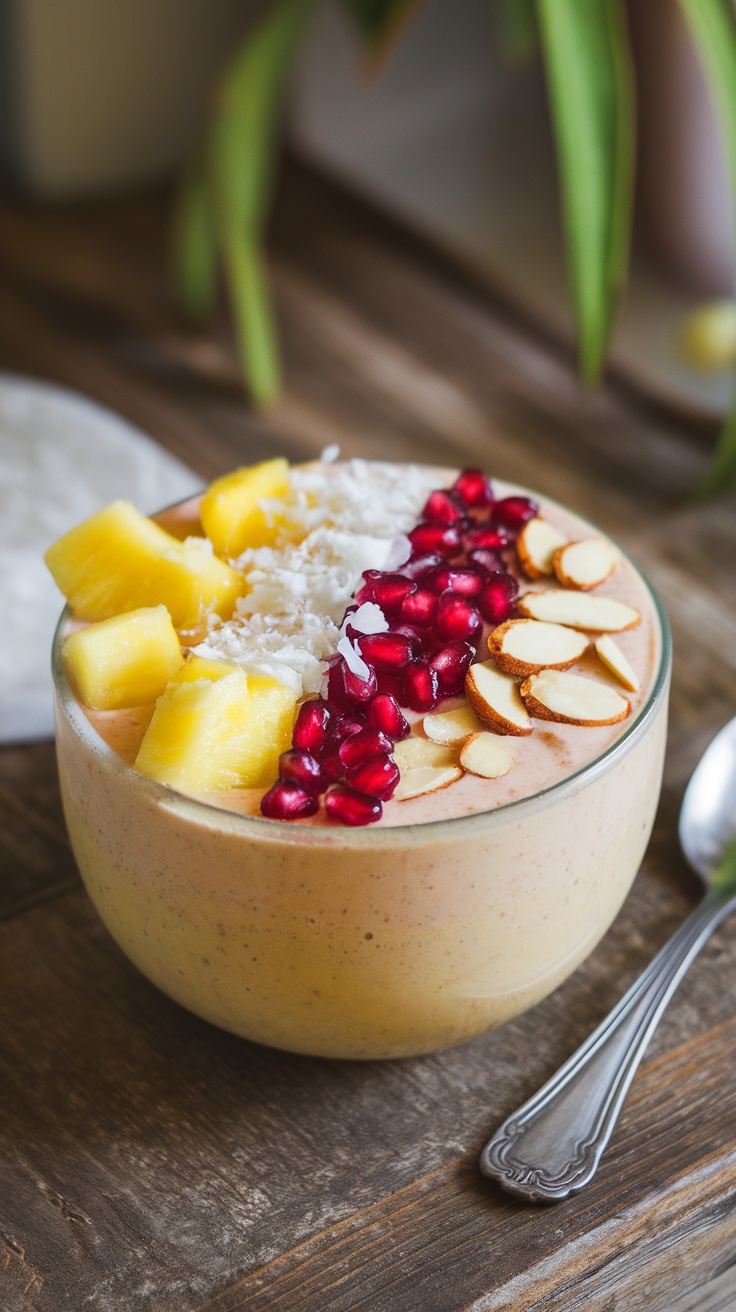 Pineapple ginger smoothie bowl topped with coconut, pomegranate seeds, and almonds