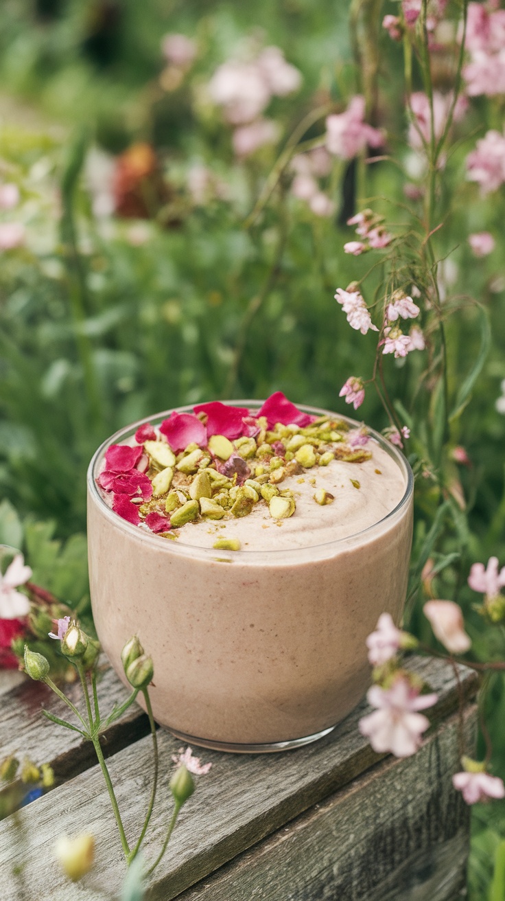 A vibrant pistachio rose smoothie bowl topped with pistachios and rose petals.
