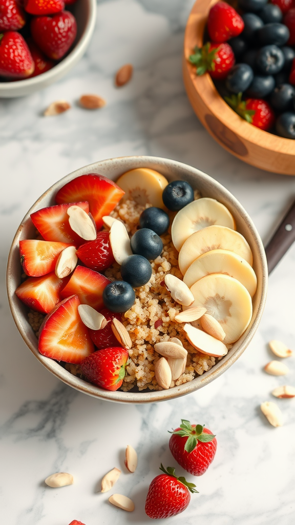 A quinoa breakfast bowl topped with strawberries, blueberries, bananas, and almonds.