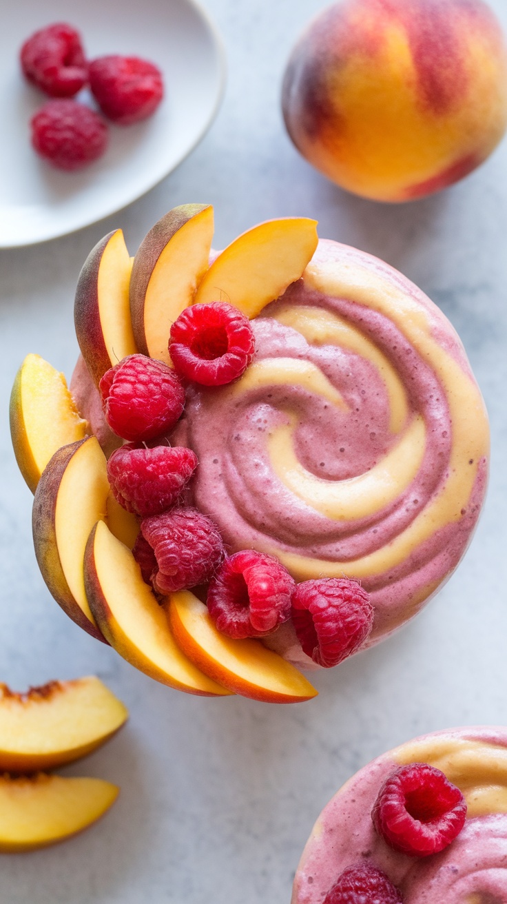 A vibrant Raspberry Peach Smoothie Bowl topped with fresh fruit.