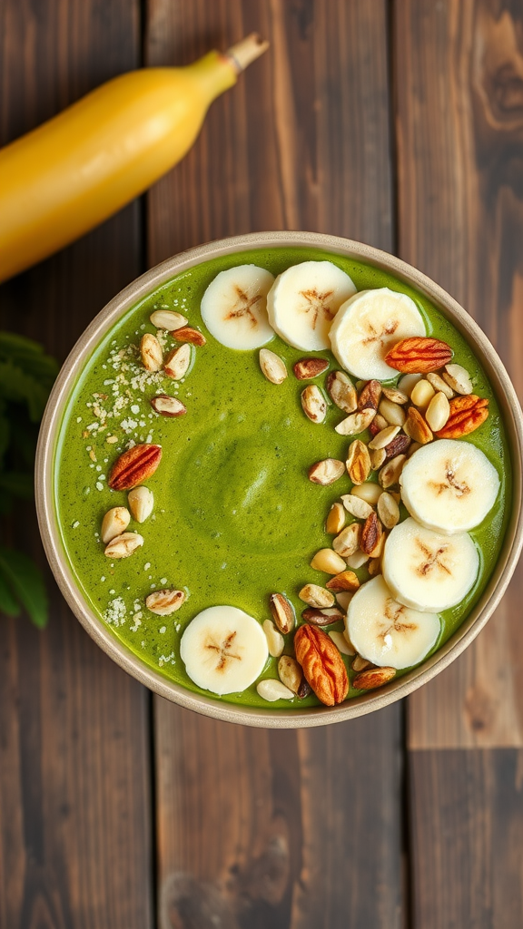 A smoothie bowl made with spinach and banana, topped with sliced bananas, nuts, and seeds.