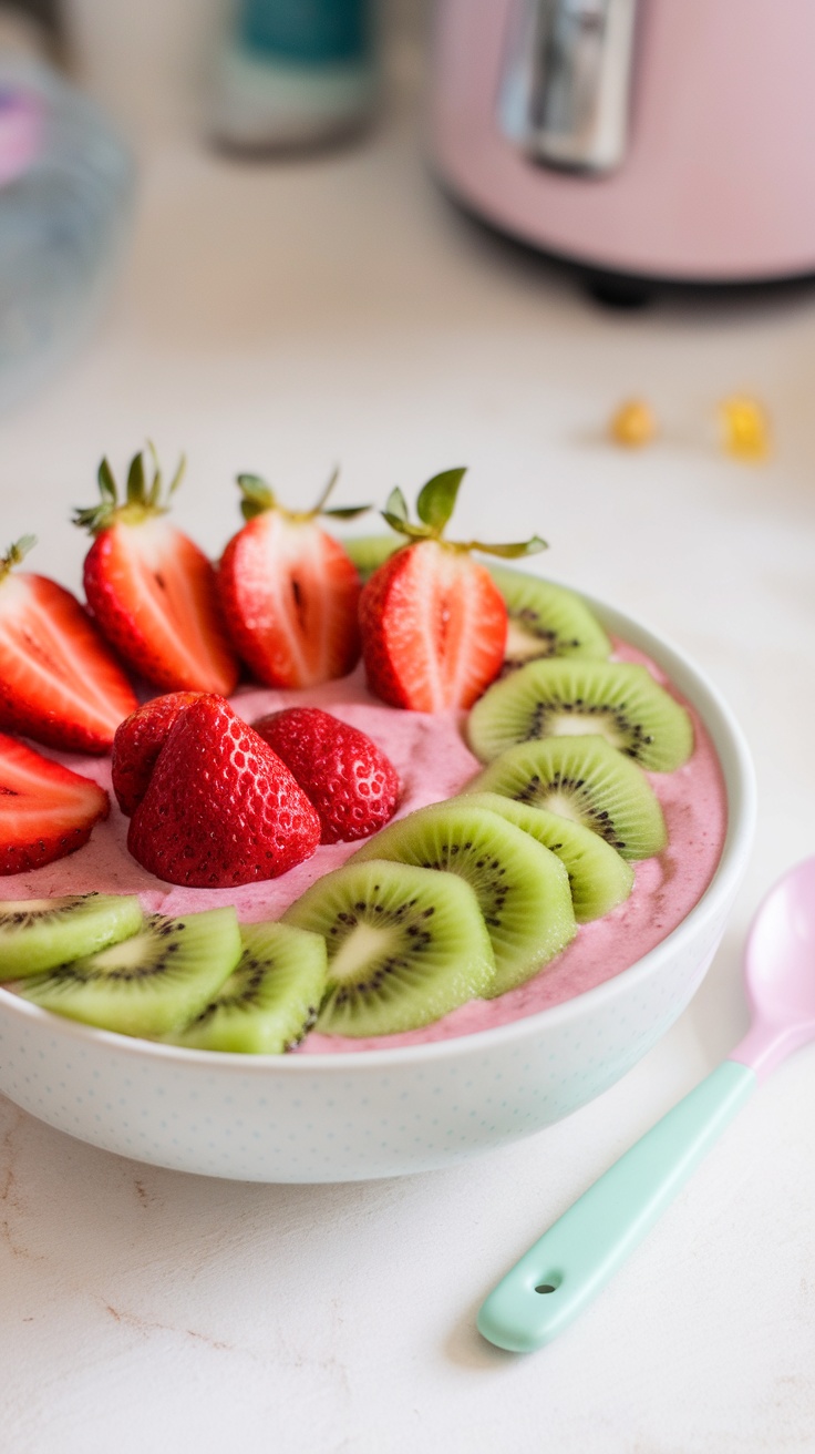 A vibrant Strawberry Kiwi Delight Bowl topped with fresh strawberries and kiwi slices, perfect for a refreshing spring treat.