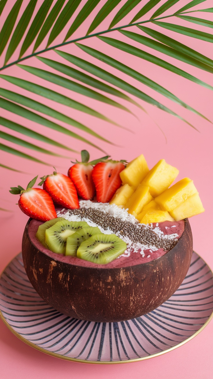 A colorful Tropical Acai Bliss Bowl topped with fresh fruits and seeds.