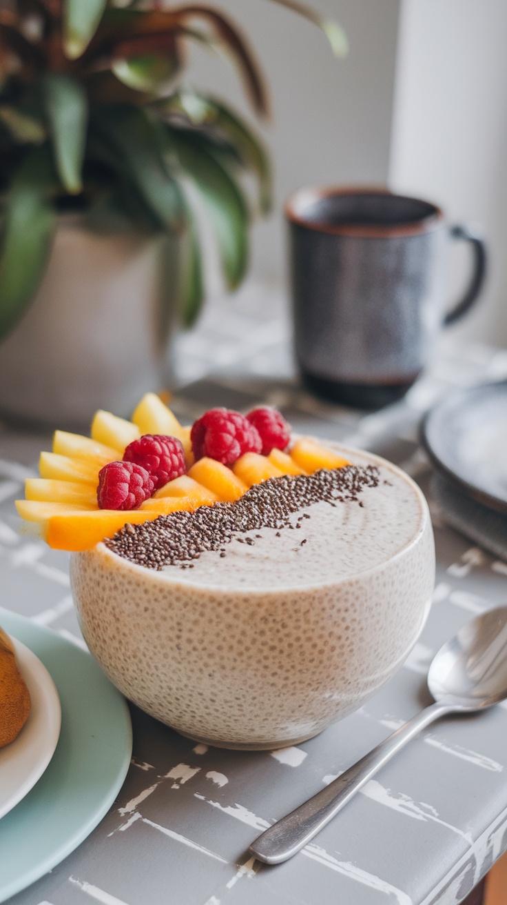 A bowl of vanilla chia seed pudding topped with fruits and chia seeds.