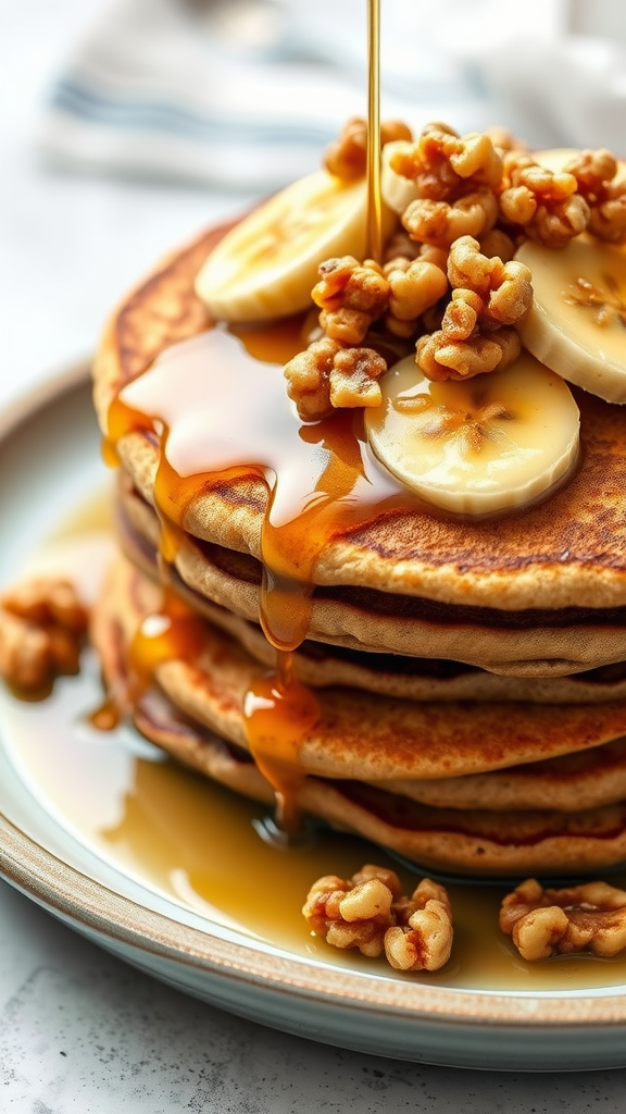 Stack of whole wheat banana pancakes drizzled with syrup and topped with banana slices and walnuts.