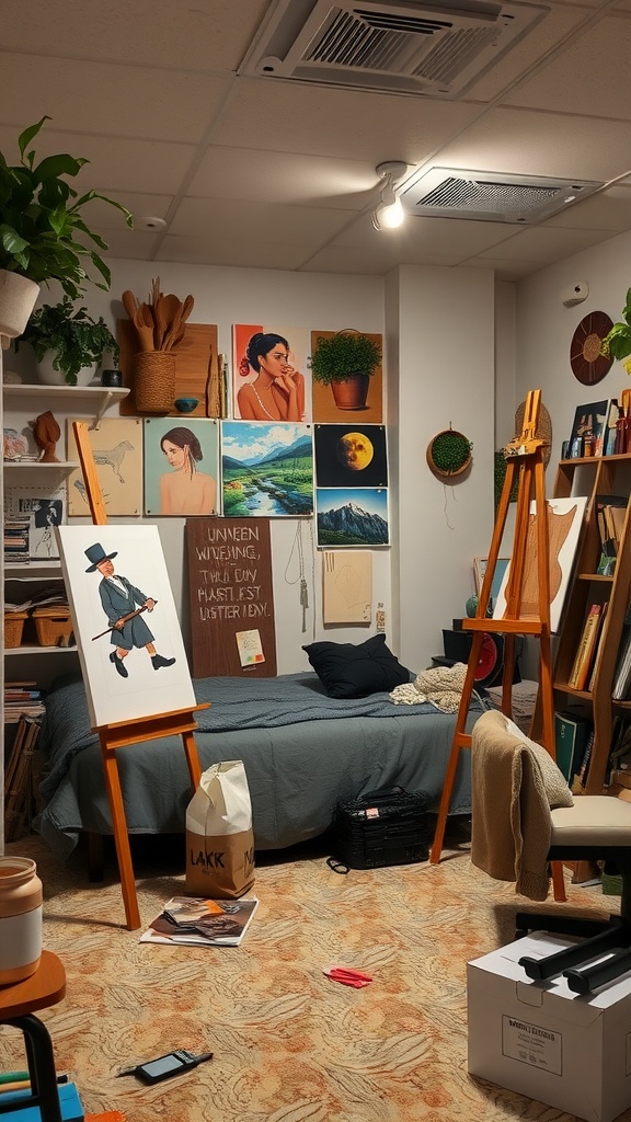 A cozy basement bedroom designed as an artistic studio, featuring easels, artwork on the walls, plants, and scattered art supplies.