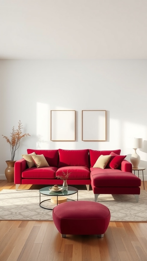 Burgundy living room with a plush sofa, ottoman, and a glass coffee table