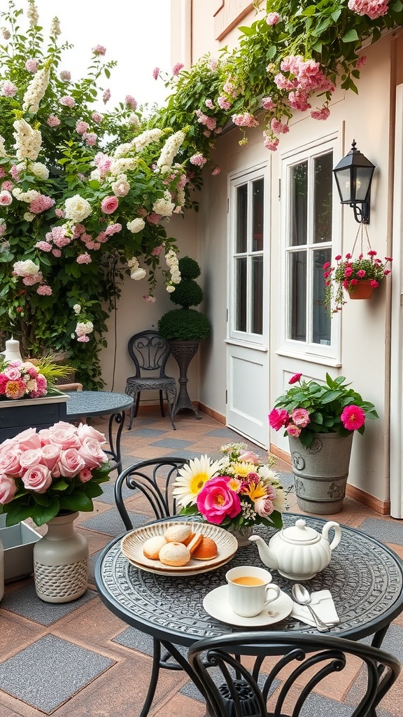 A cozy patio setting with a table set for tea, featuring flowers and baked goods, surrounded by blooming plants.