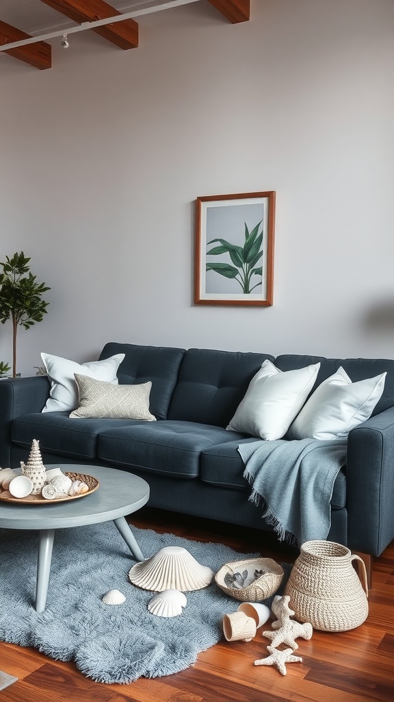 A cozy living room with a dark gray sofa, light blue accents, and coastal decor elements like seashells and plants.