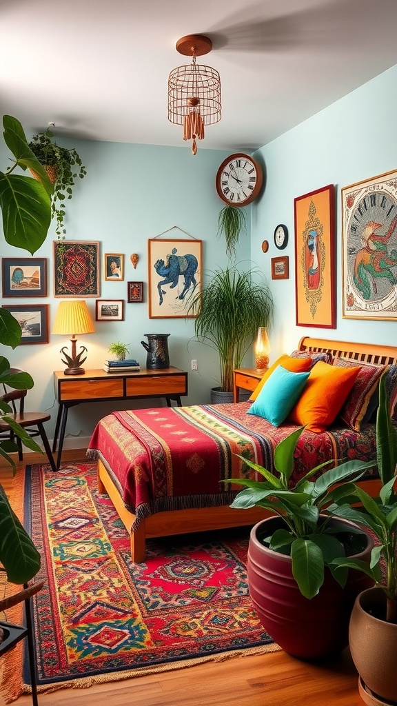 A colorful bohemian basement bedroom with a patterned bedspread, blue walls, eclectic artwork, and potted plants.