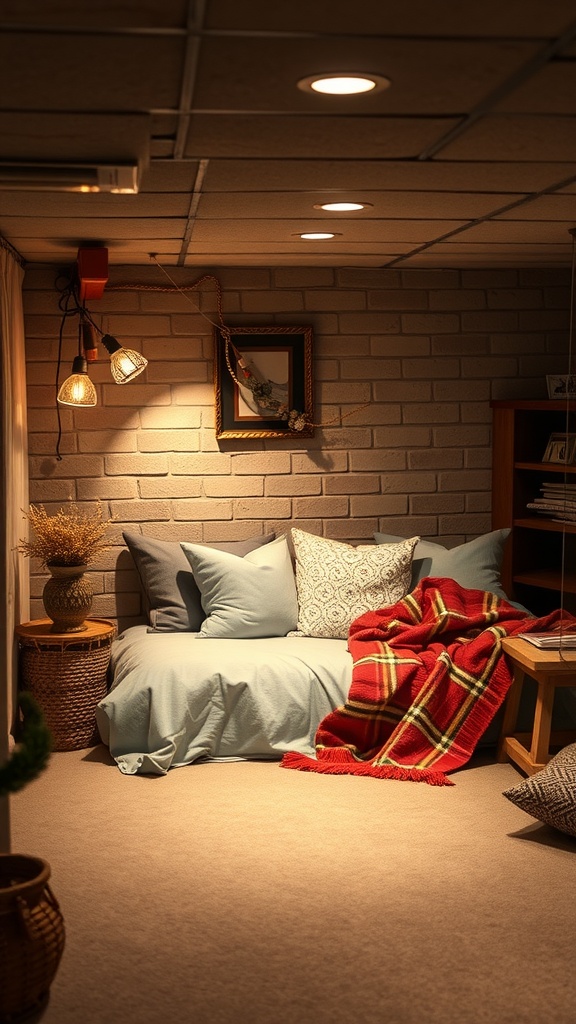 A cozy basement bedroom nook with soft blue bedding, a plaid blanket, and ambient lighting.