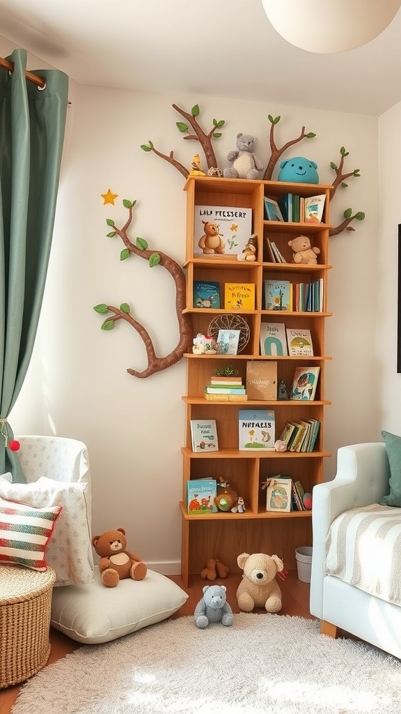 A cozy reading nook featuring a tree bookshelf filled with colorful books, soft toys, and comfortable seating.