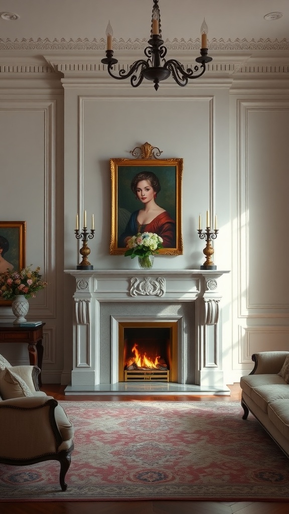 A formal living room featuring a fireplace with a portrait above, elegant furniture, and a warm ambiance.