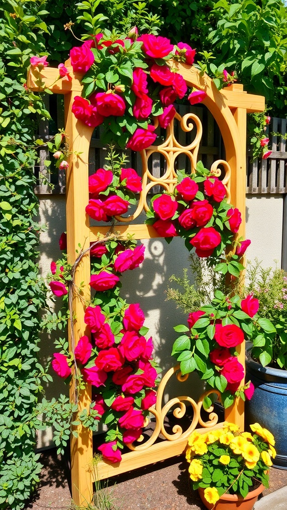 A wooden decorative trellis fence with pink flowers climbing on it, set against a green background.