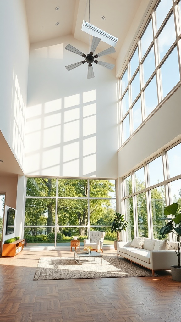 Bright high-ceiling living room with large windows, showcasing plants and cozy furniture.