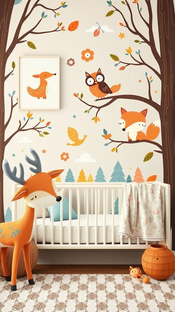 A cozy woodland nursery featuring forest animal wall art, including playful foxes and owls on a soft-colored wall.