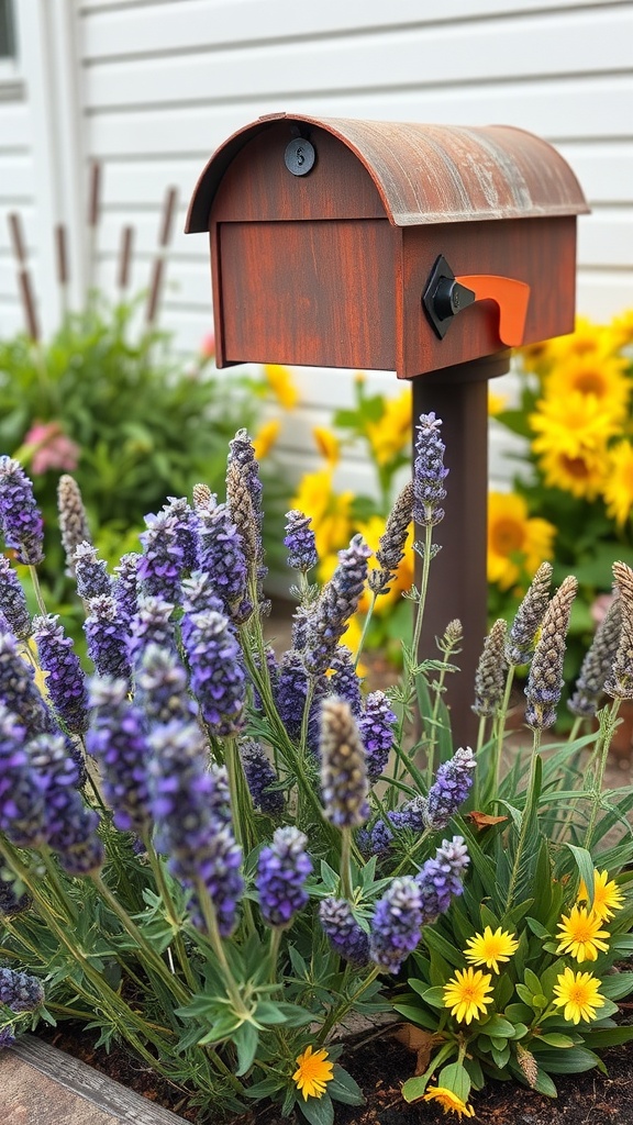 Mailbox surrounded by fragrant herbs and colorful flowers