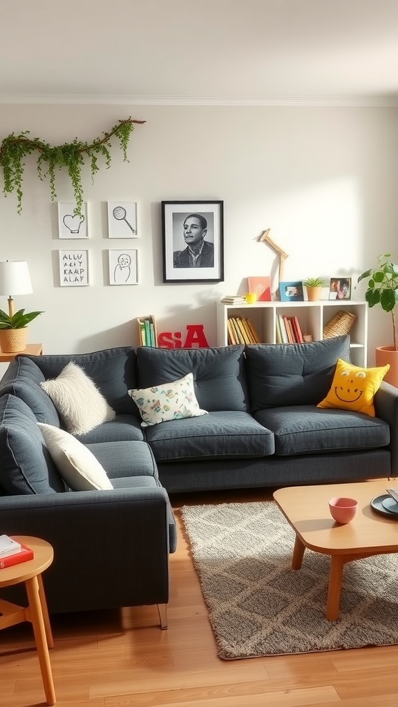 A cozy living room featuring a dark gray sofa with playful pillows, a light wooden coffee table, and plants, creating a family-friendly atmosphere.