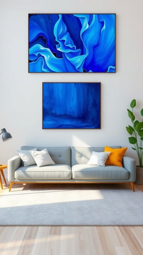 A stylish living room featuring a gray sofa with blue artwork on the wall above it.