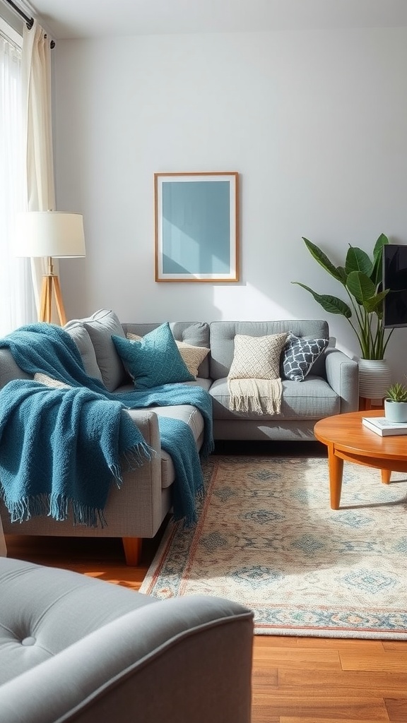 A cozy living room featuring a gray sofa with blue throw blankets, colorful pillows, and a patterned rug.