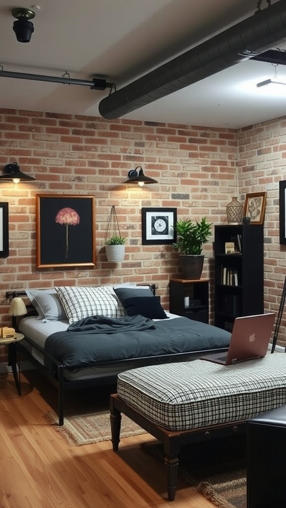 A cozy basement bedroom featuring an industrial chic design with exposed brick walls, modern furnishings, and warm lighting.