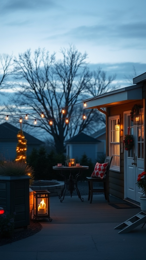 A cozy small porch with string lights, a lantern, and a table set for two.