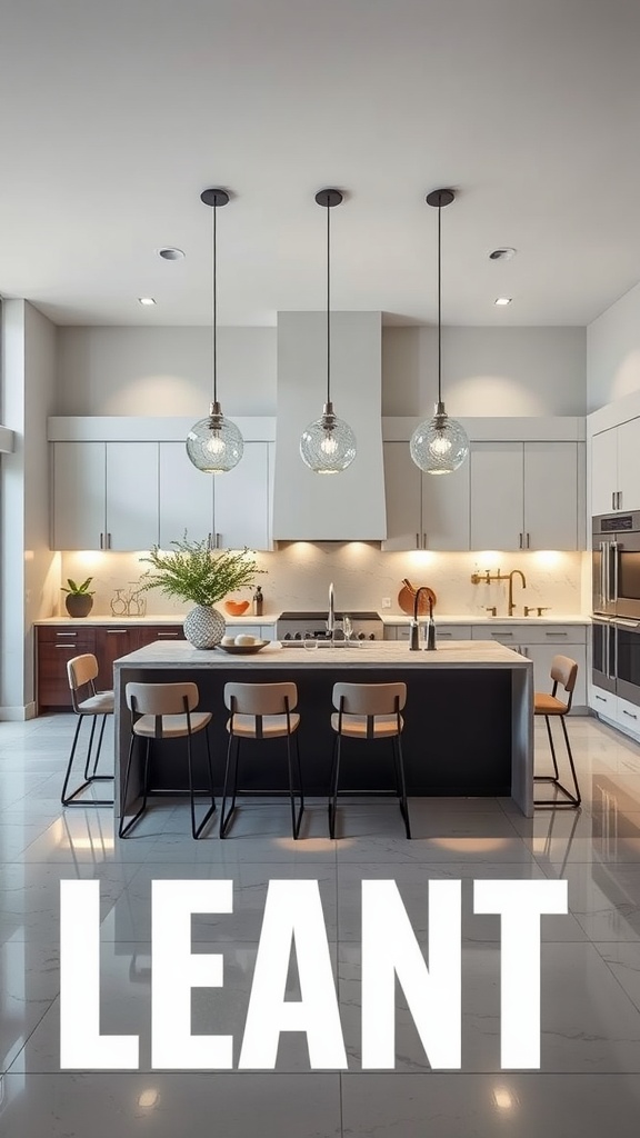 A modern kitchen featuring an island with seating, pendant lights, and a stylish design.