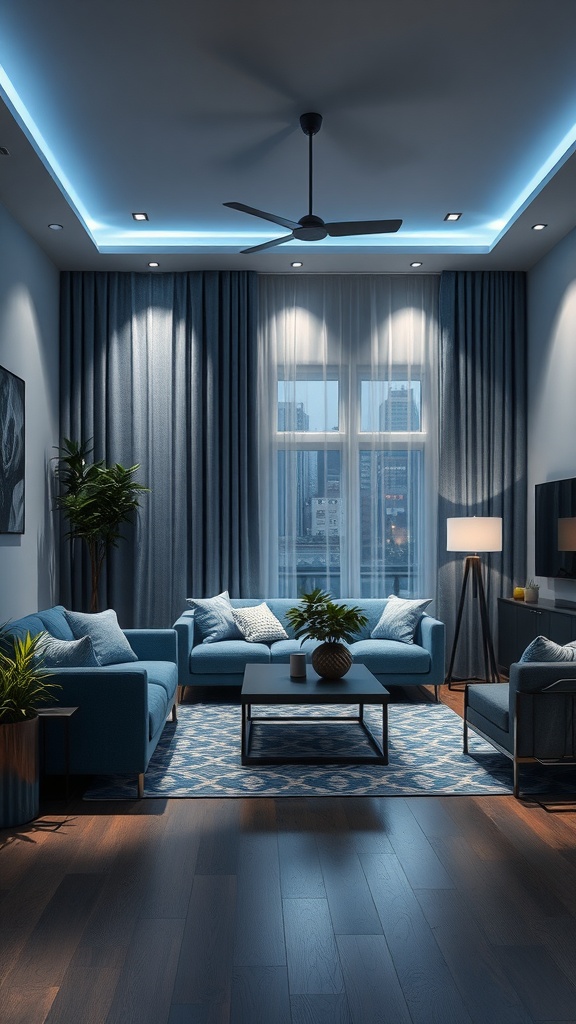 A stylish blue and gray living room featuring layered lighting with recessed ceiling lights and a floor lamp.