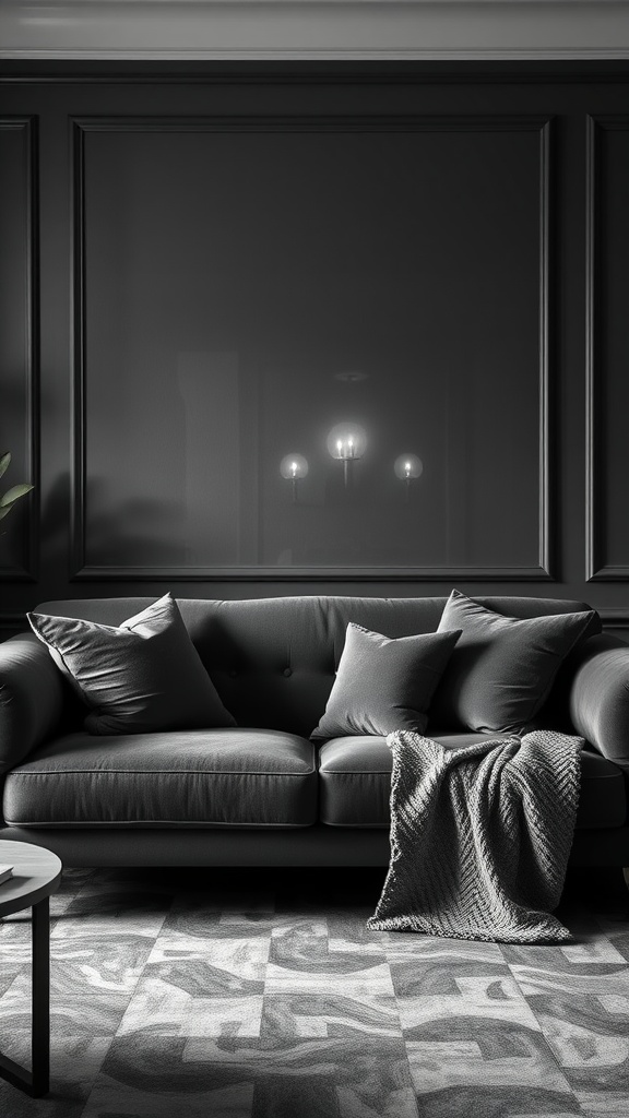 A dark gray sofa with pillows and a throw, set against a textured wall and patterned floor.