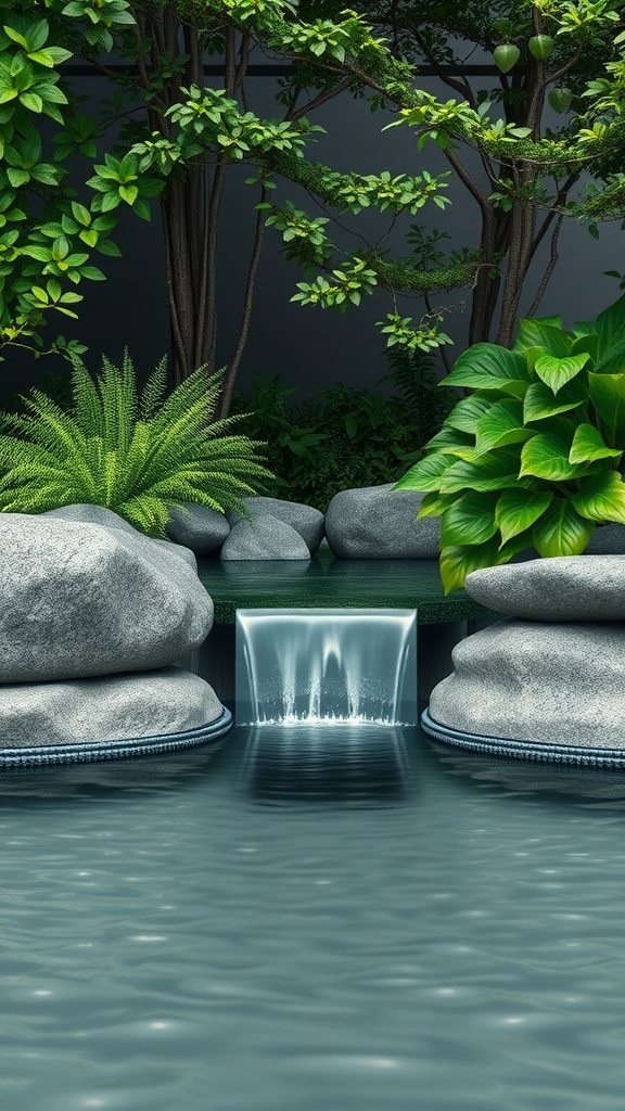 A minimalist water feature with a small waterfall flowing between large smooth stones, surrounded by lush green plants.