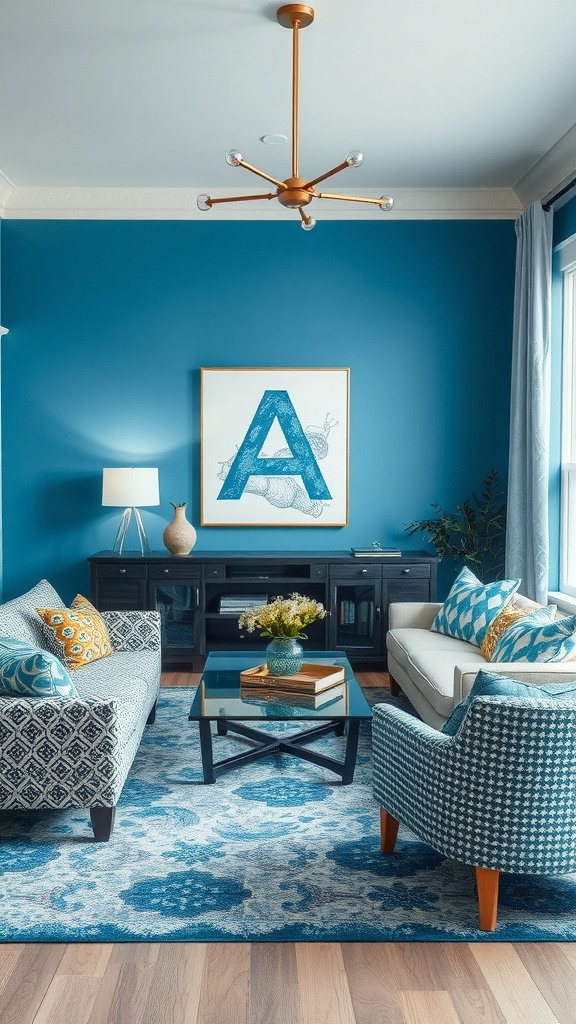 A stylish living room featuring a blue wall, gray furniture, and patterned pillows, creating a cozy atmosphere.