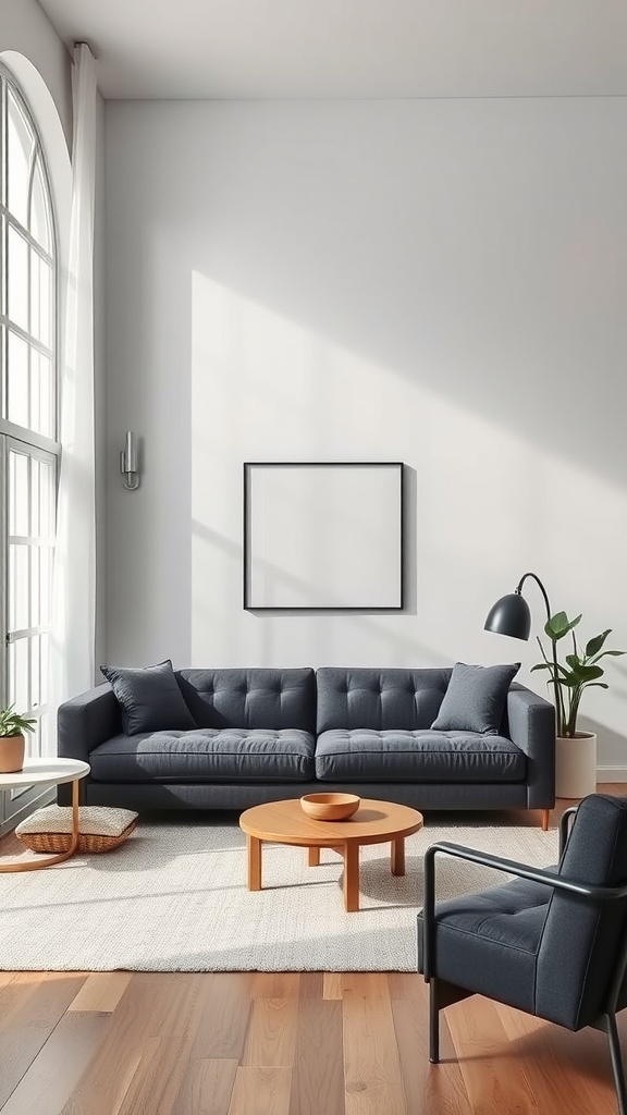 Modern living room with a dark gray sofa, round wooden coffee table, and large windows