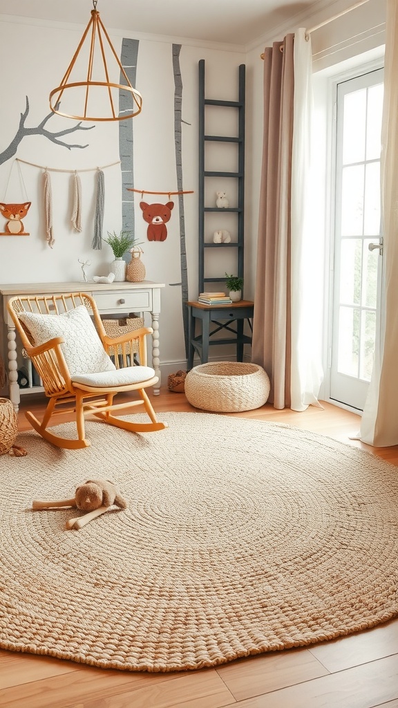 Cozy woodland nursery featuring a natural fiber rug, rocking chair, and decorative elements on the walls.