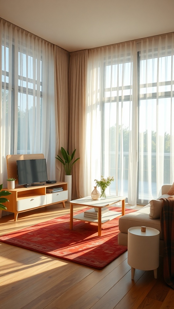 A bright shabby chic living room featuring large windows with sheer curtains and wooden furniture.