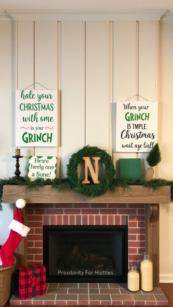 A festive mantel decorated with Grinch quotes, greenery, and holiday accents.