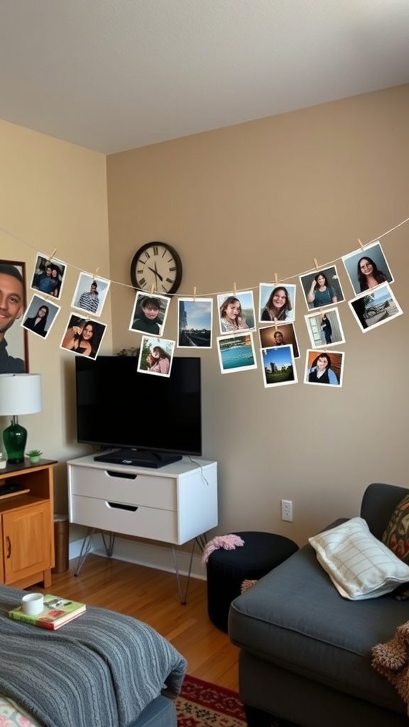 A personalized photo display with various photos hanging on a string in a dorm living room.