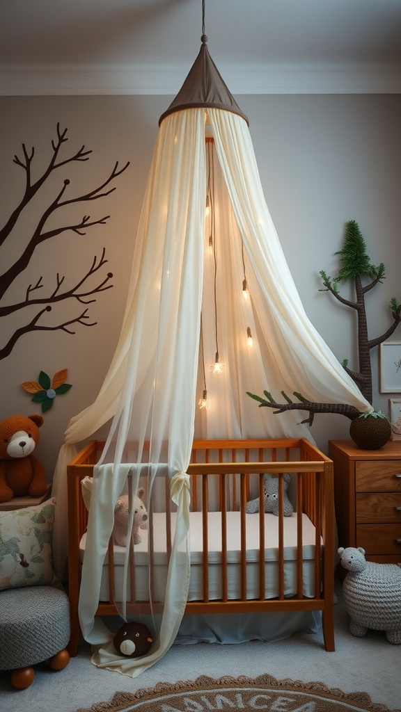 A cozy woodland nursery featuring a canopy over a crib, soft lighting, and nature-themed decor.