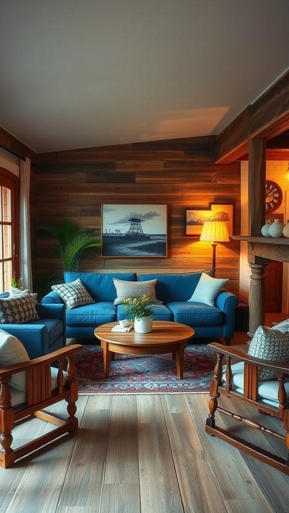 Cozy rustic living room featuring a blue couch and wooden accents