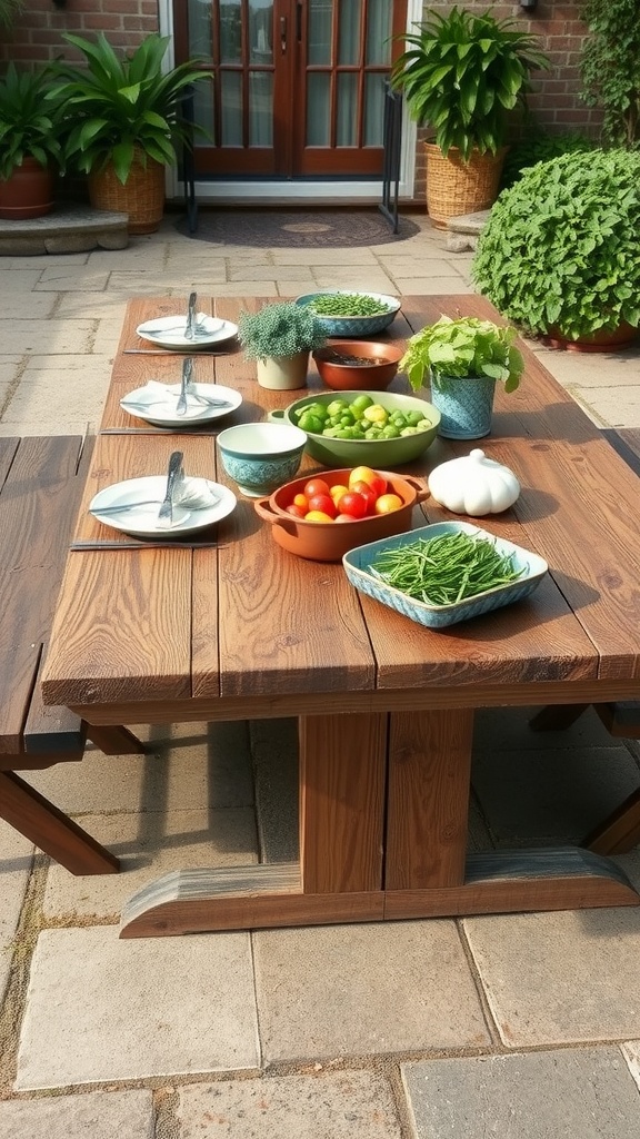 A rustic wooden dining table set outdoors, decorated with fresh vegetables and herbs.