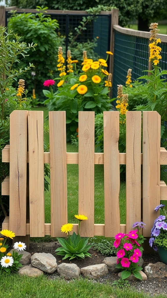 A rustic wooden pallet fence with colorful flowers in a garden.