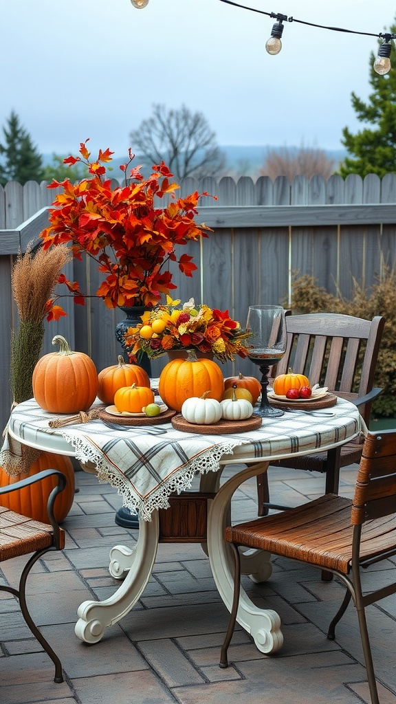 A cozy autumn-themed patio dining setup featuring pumpkins, seasonal produce, and a floral centerpiece.