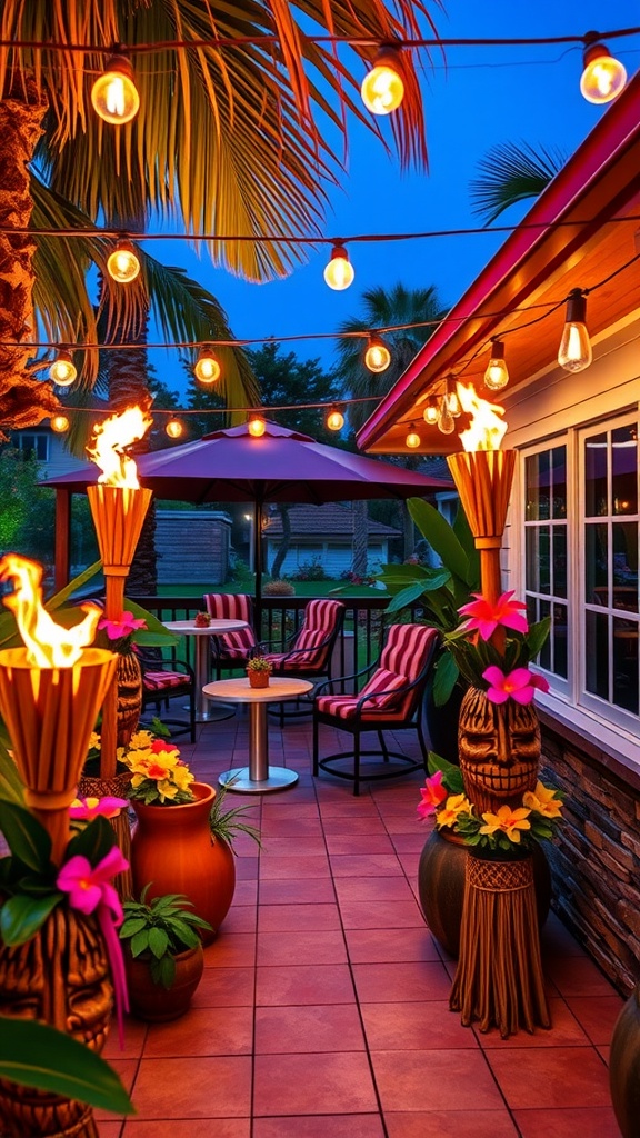 A beautifully decorated patio for a tropical luau celebration, featuring tiki torches, string lights, and vibrant flowers.