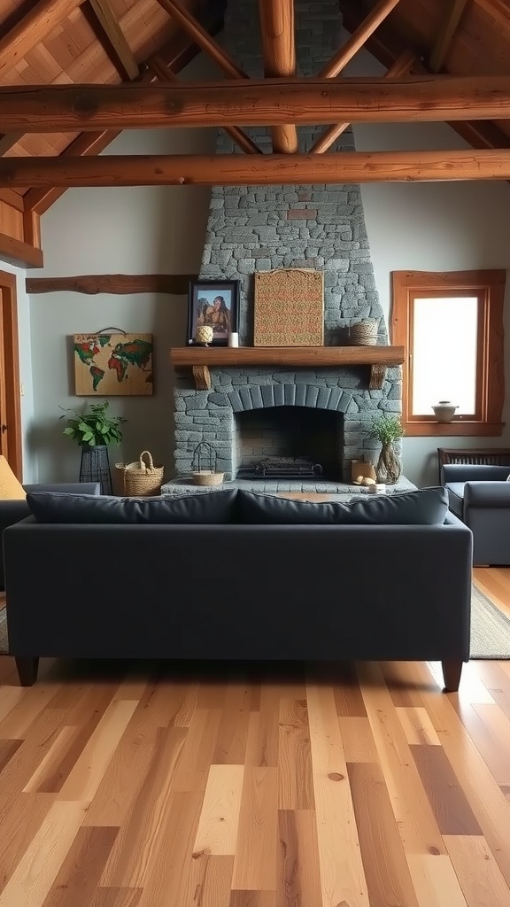 Living room featuring a dark gray sofa, wooden floors, and a stone fireplace