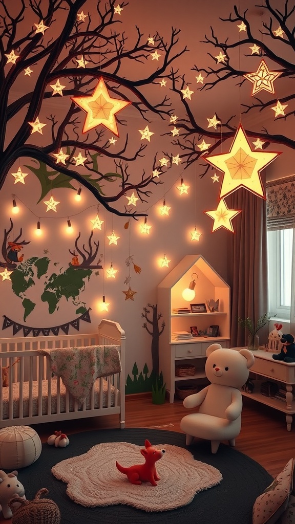 A cozy woodland nursery with star-shaped lights hanging from the ceiling, featuring a crib, a plush bear chair, and a playful fox toy on a rug.