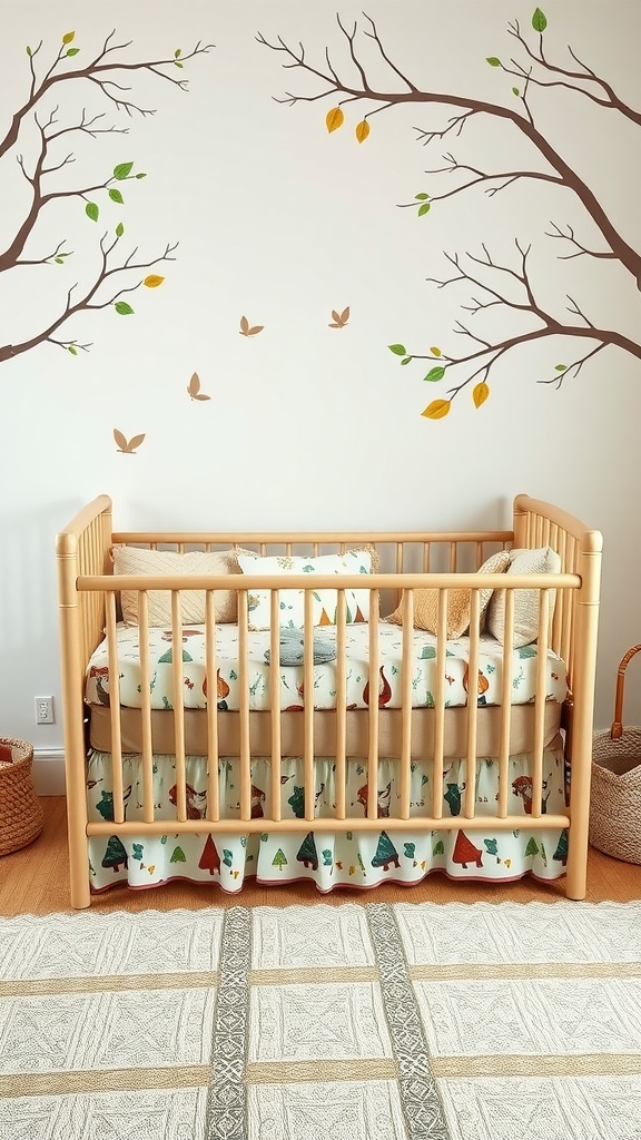 A cozy nursery featuring woodland-themed bedding with forest animal patterns, displayed in a wooden crib against a backdrop of painted tree branches on the walls.