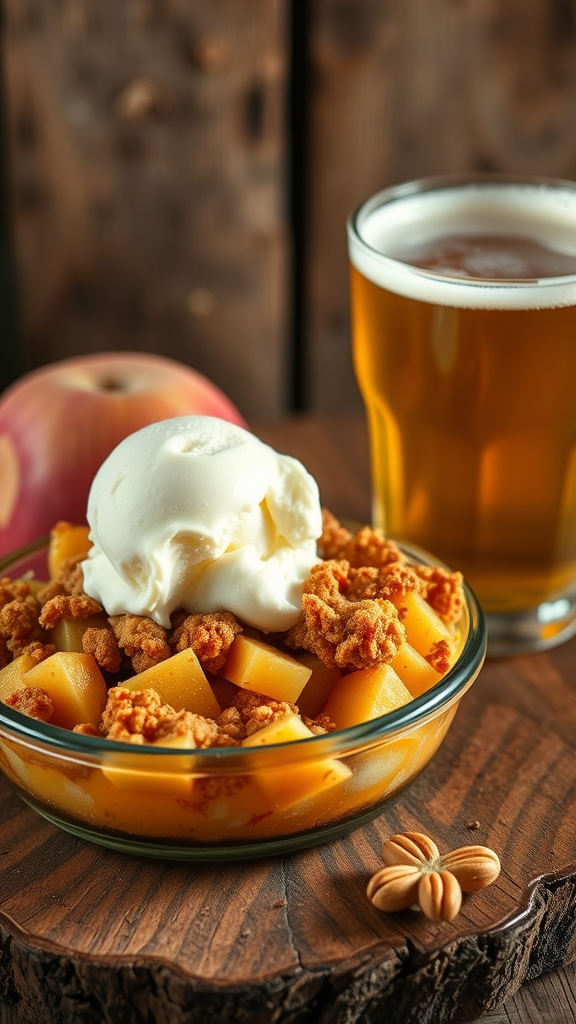 A bowl of apple crisp with ice cream and a glass of hard cider