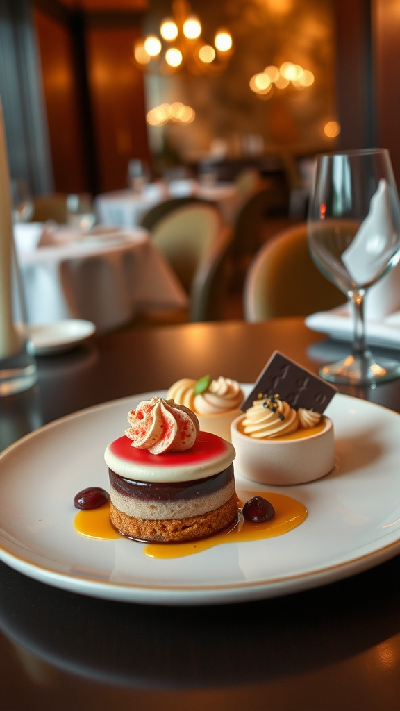 An artfully presented dessert featuring layers of mousse and vibrant toppings in a classy restaurant setting.